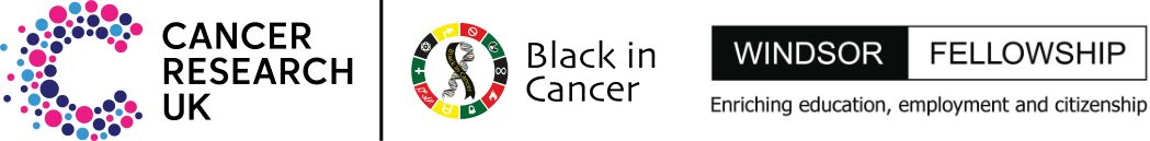 Logos for Cancer Research UK, Black in Cancer and Windsor fellowship