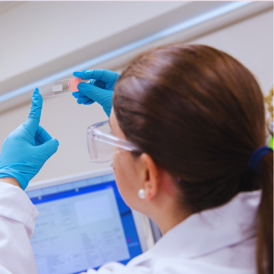 Person looking at a sample on a piece of glass